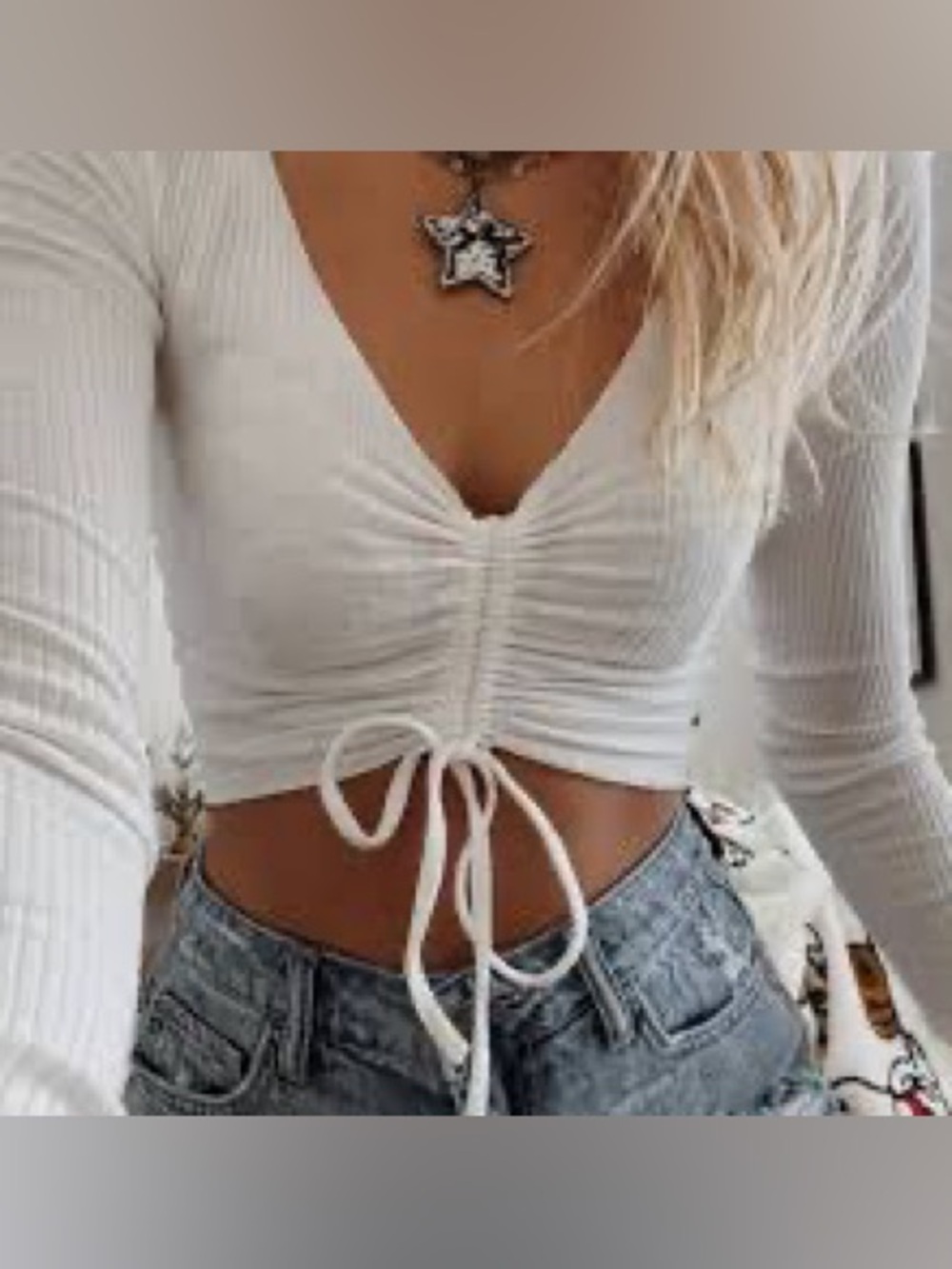 Ribbed V-Neck Cinched Crop Top - White